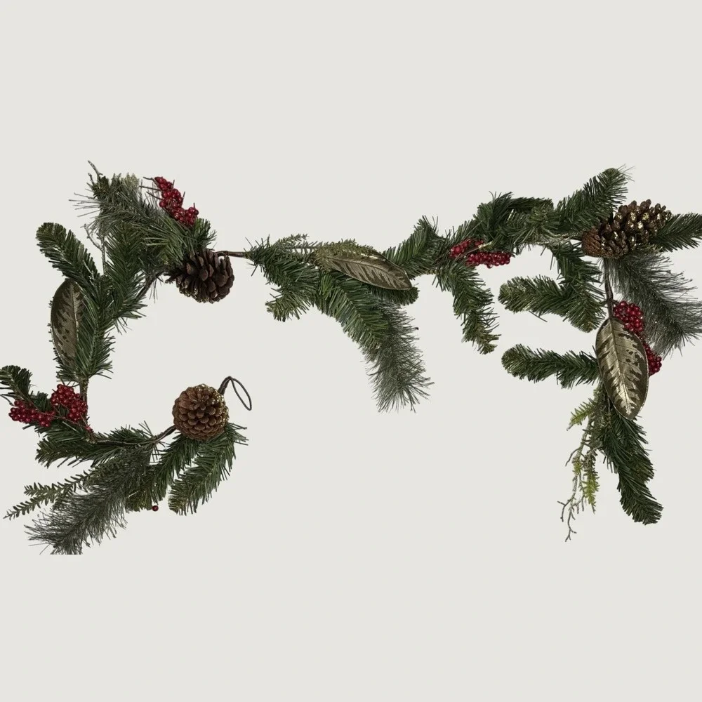 Christmas Pine Garland Red Berries Pinecones Gold Leaves Glitter Holiday Decor